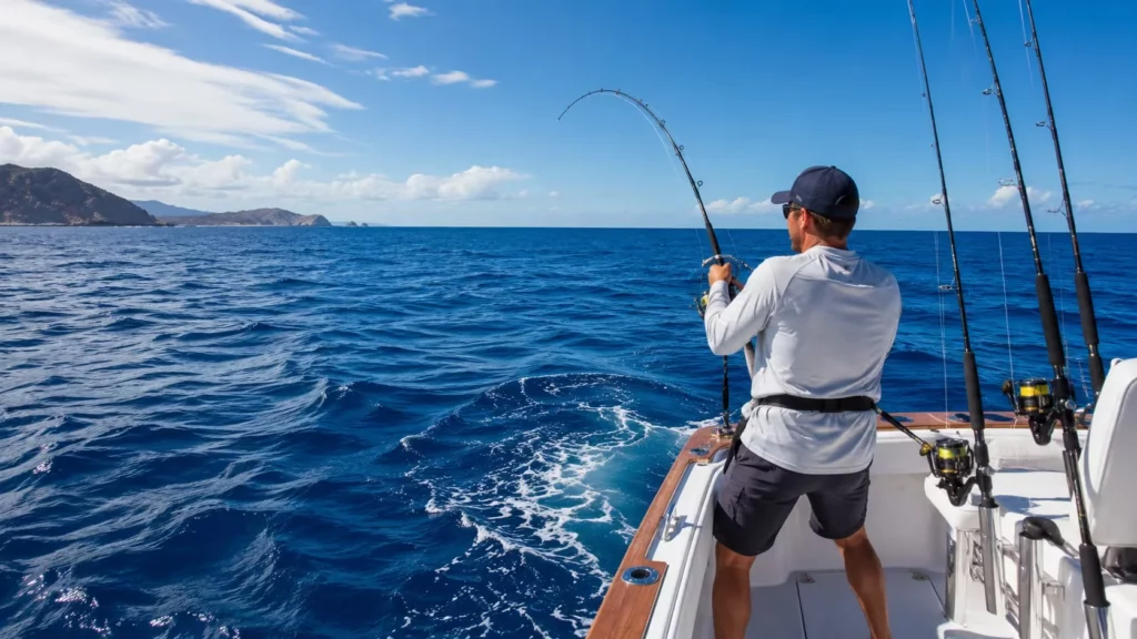 Pescador practicando pesca recreativa desde una embarcación en mar abierto