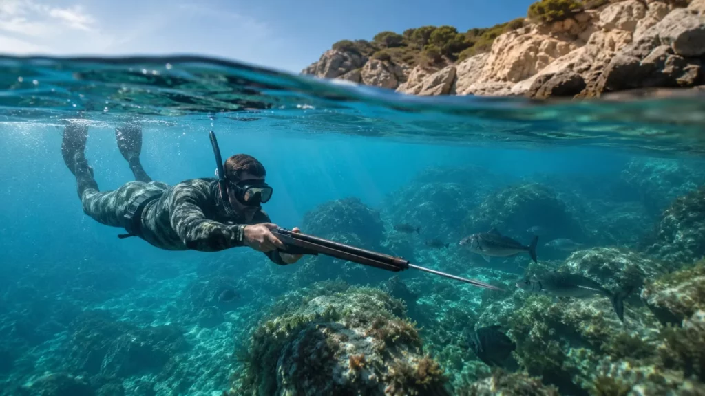 Pescador practicando pesca submarina con fusil junto a una costa rocosa