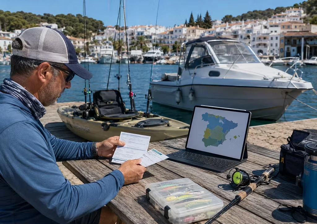 Pescador revisando documentación, mapas y normativa de pesca recreativa junto a una embarcación en puerto