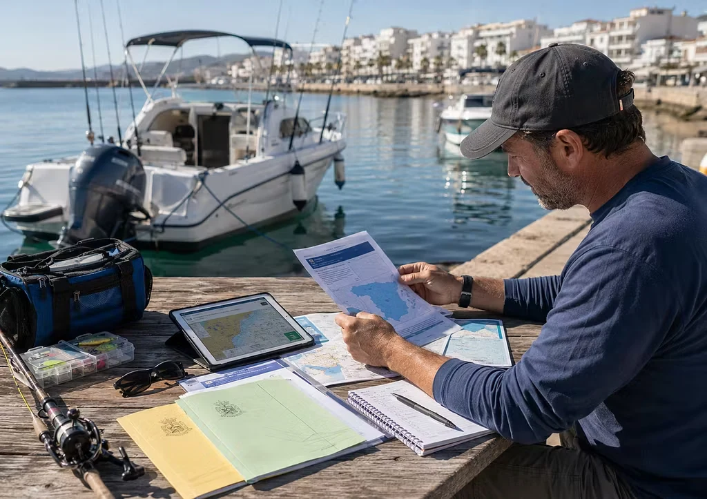 Pescador revisando documentación, mapas y normativa de pesca recreativa junto a una embarcación en puerto