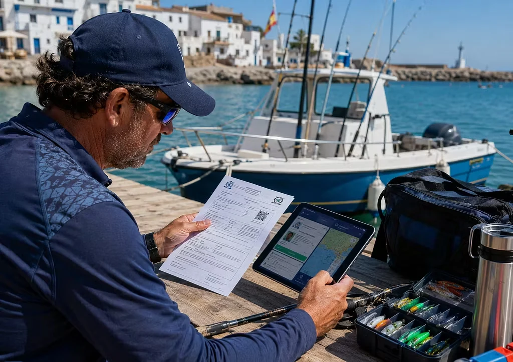 Pescador revisando licencia, documentación y normativa de pesca recreativa en una tablet junto a una embarcación en puerto