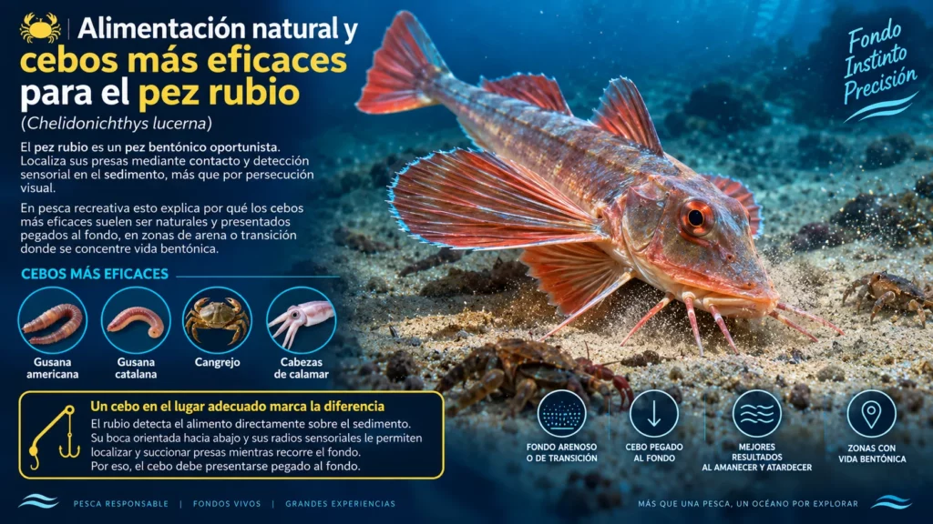 Pez rubio (Chelidonichthys lucerna) buscando alimento sobre fondo arenoso con ejemplos de cebos naturales eficaces