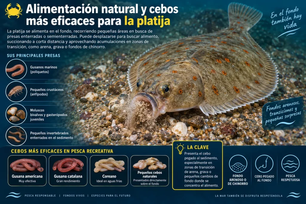 Platija europea (Pleuronectes platessa) alimentándose sobre fondo de arena y grava con ejemplos de cebos naturales eficaces