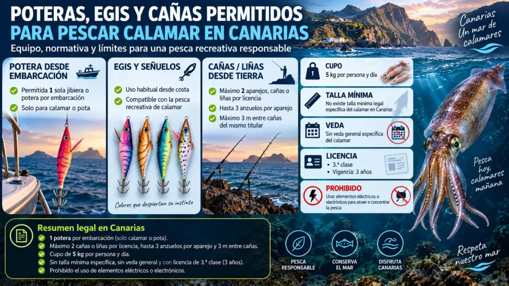 Pesca recreativa del calamar en Canarias desde costa al atardecer