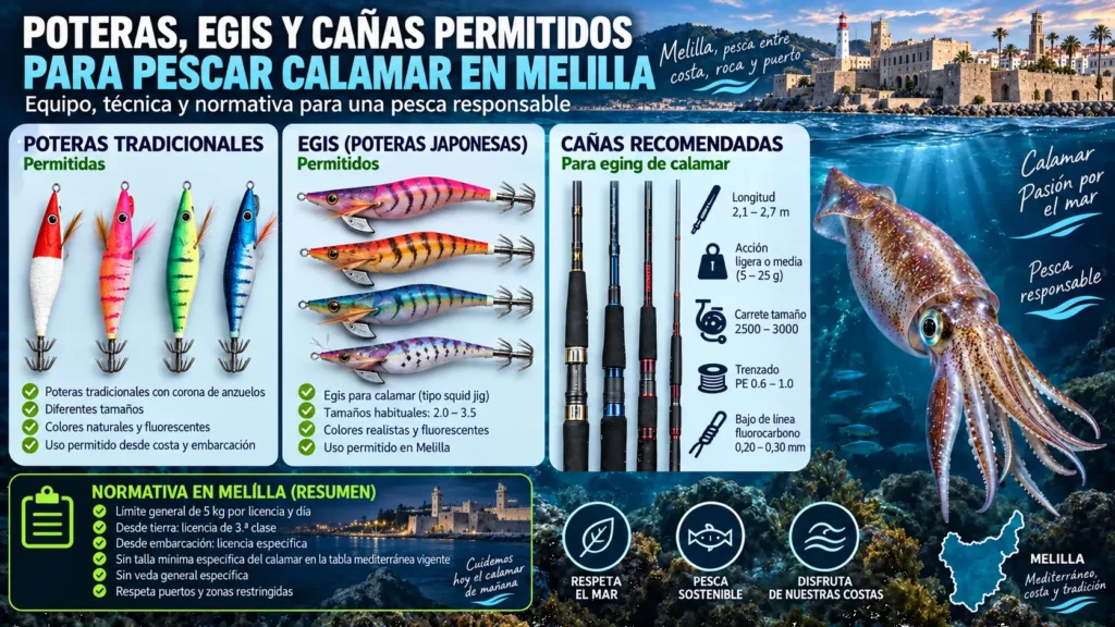 Poteras, egis y cañas para la pesca recreativa del calamar en Melilla