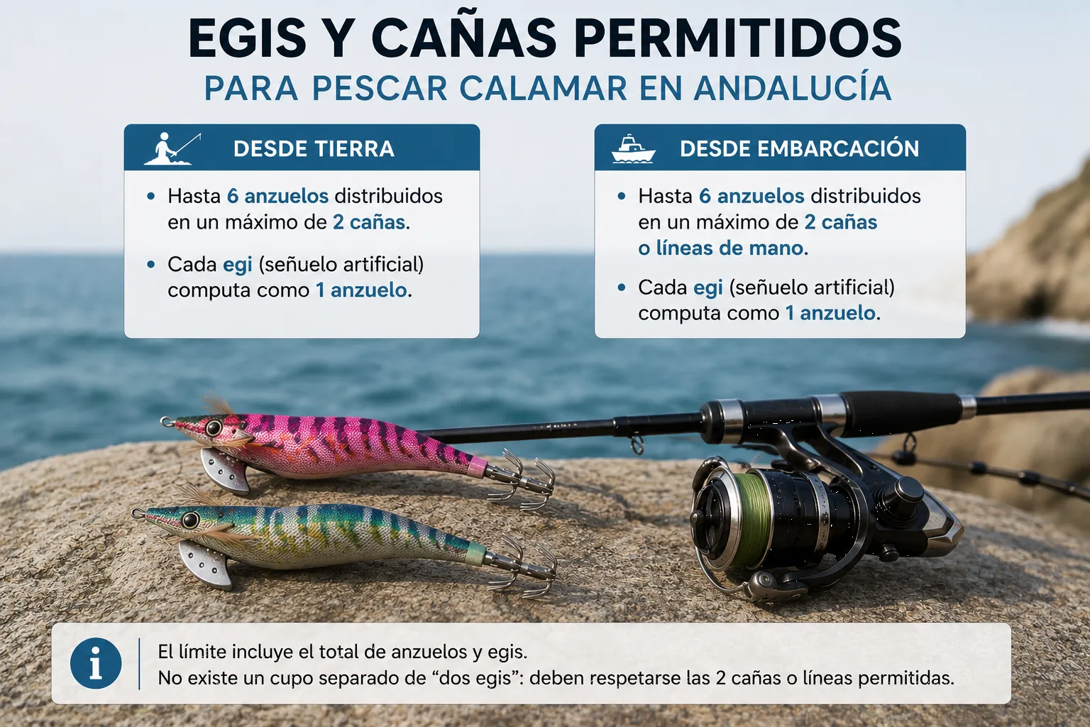 Poteras, egis y cañas permitidos para pescar calamar en Andalucía