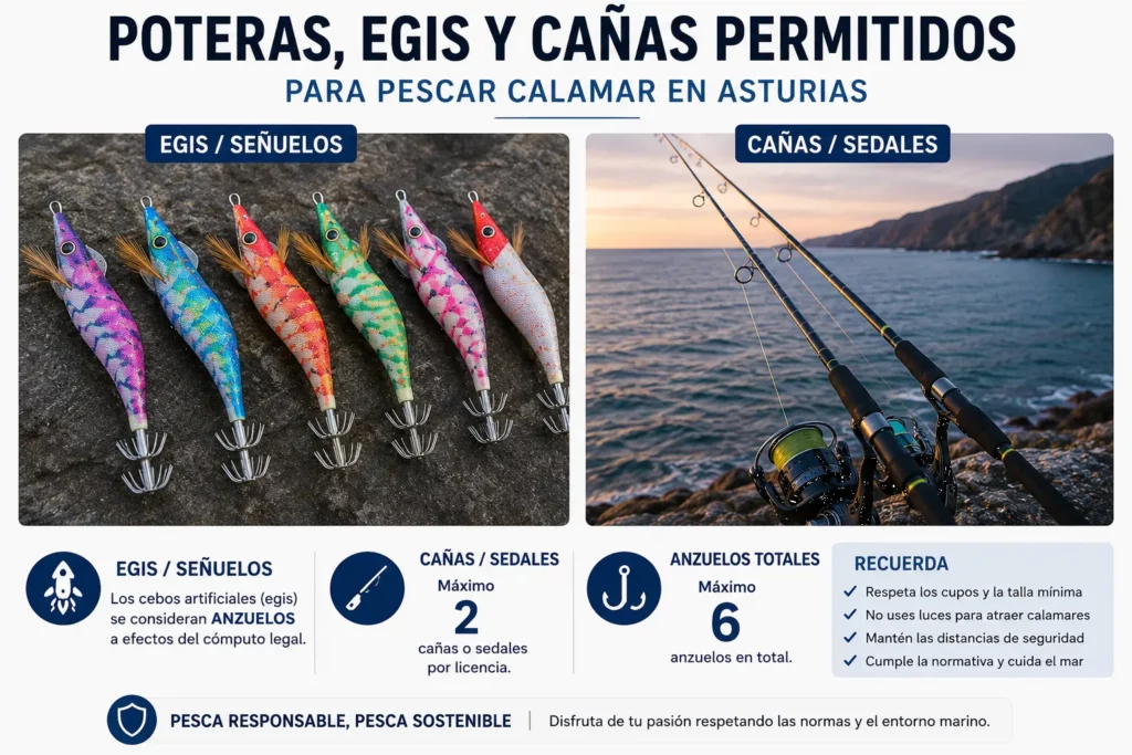 Poteras, egis y cañas permitidos para pescar calamar en Asturias