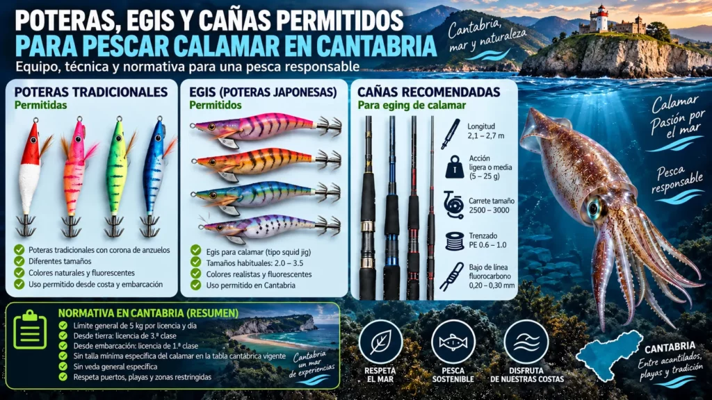 Poteras, egis y cañas permitidos para pescar calamar en Cantabria