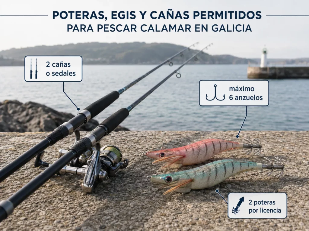 Poteras, egis y cañas permitidos para pescar calamar en Galicia