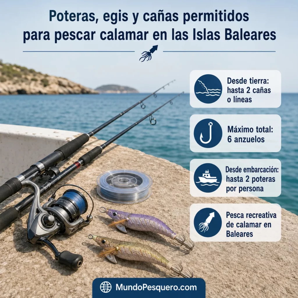 Poteras, egis y cañas permitidos para pescar calamar en las Islas Baleares