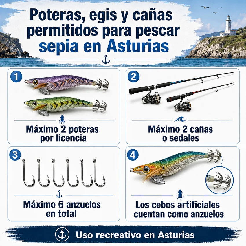 Poteras, egis y cañas permitidos para pescar sepia en Asturias