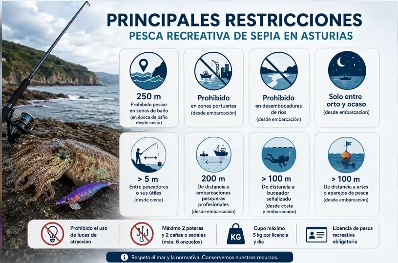 Principales restricciones para la pesca recreativa de sepia en Asturias