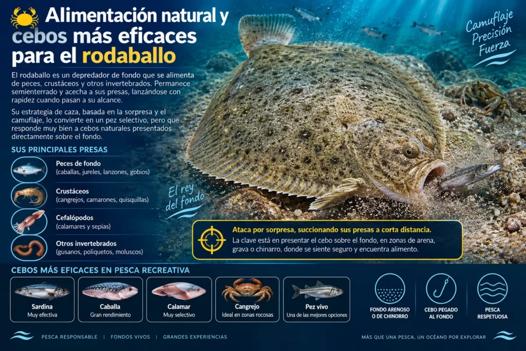 Rodaballo camuflado sobre fondo arenoso con ejemplos de sus principales presas y cebos eficaces para la pesca recreativa