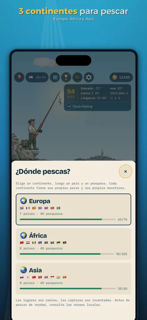 Selección de continentes y países para pescar en Tisch Fishing Game
