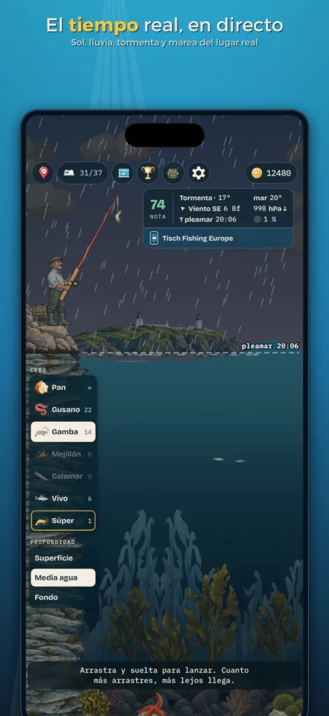Tiempo real con lluvia, viento y marea en Tisch Fishing Game