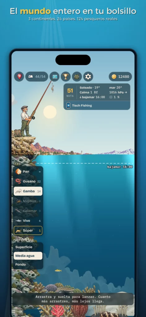 Tisch Fishing Game con pesqueros reales, cebos, profundidad, marea y condiciones del mar