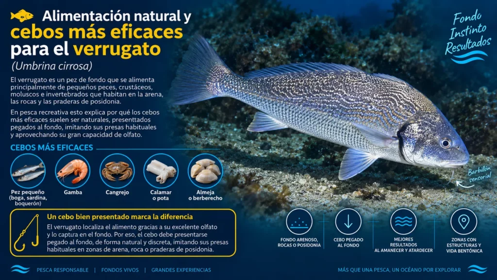 Verrugato (Umbrina cirrosa) sobre fondo marino con ejemplos de sus principales cebos naturales