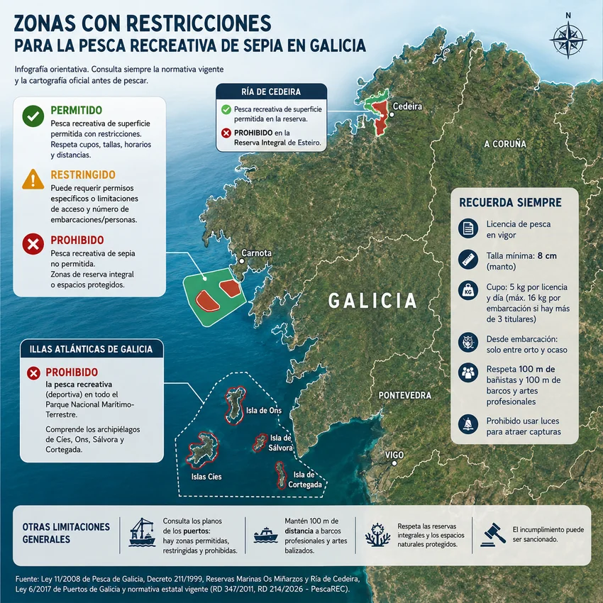 Zonas con restricciones para la pesca recreativa de sepia en Galicia
