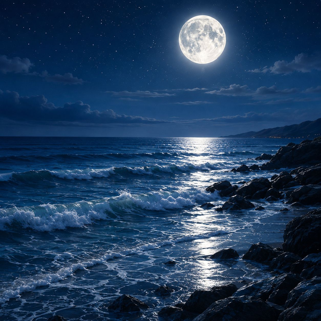 Costa nocturna iluminada por la luna sobre el mar