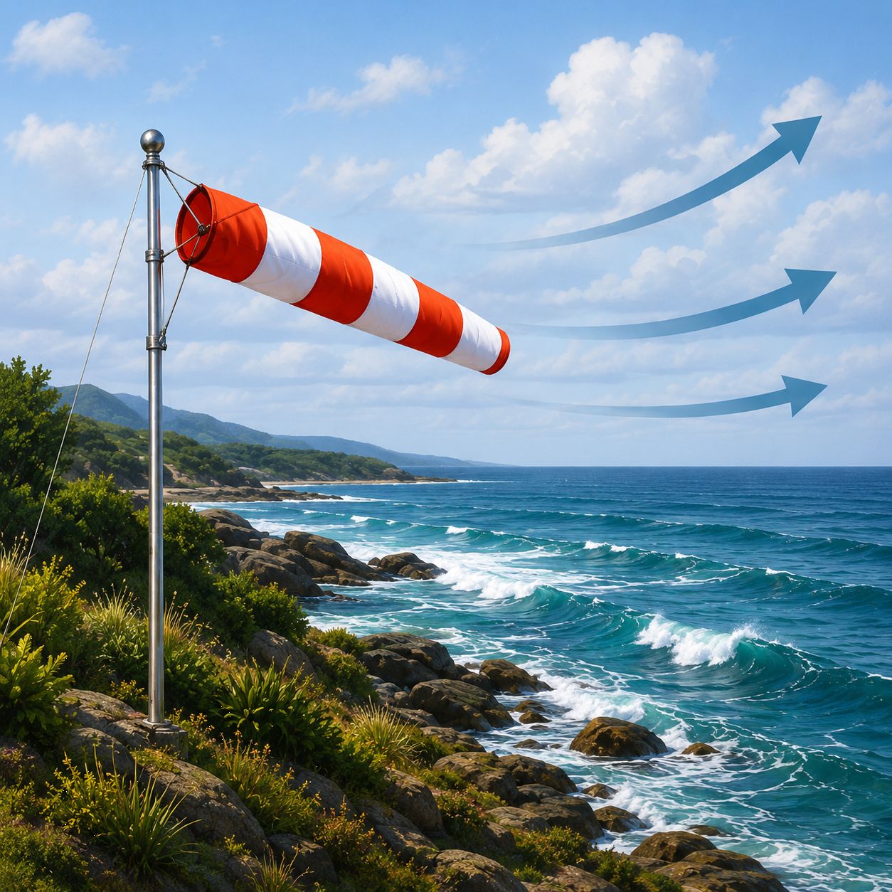 Manga de viento junto al mar para interpretar dirección y fuerza