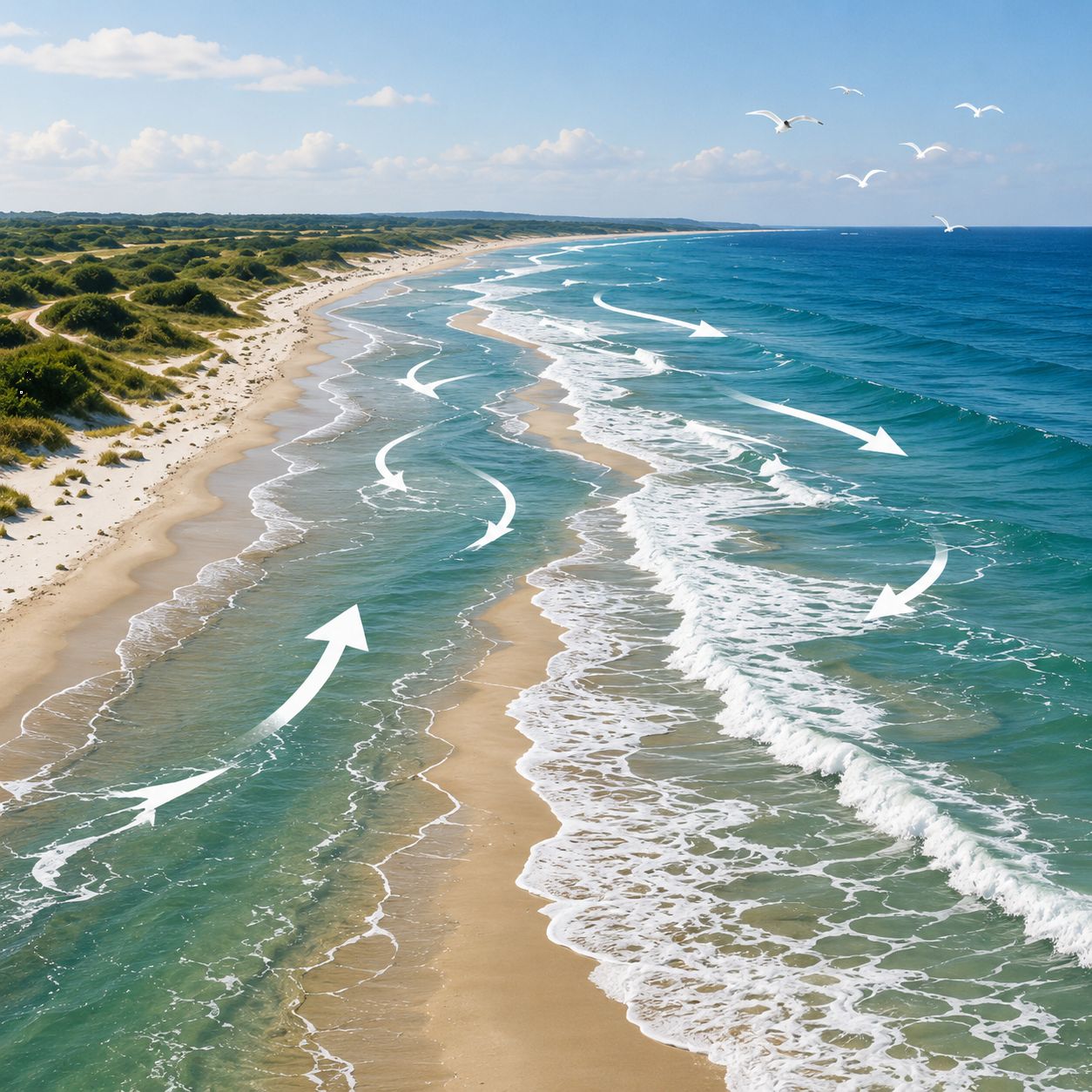 Playa abierta con canales, barras y corrientes visibles