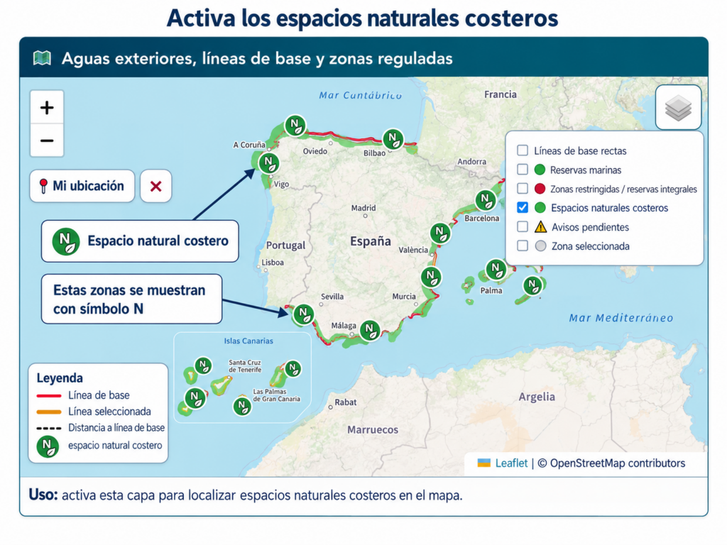 espacios naturales costeros activados en el mapa de zonas reguladas marítimas