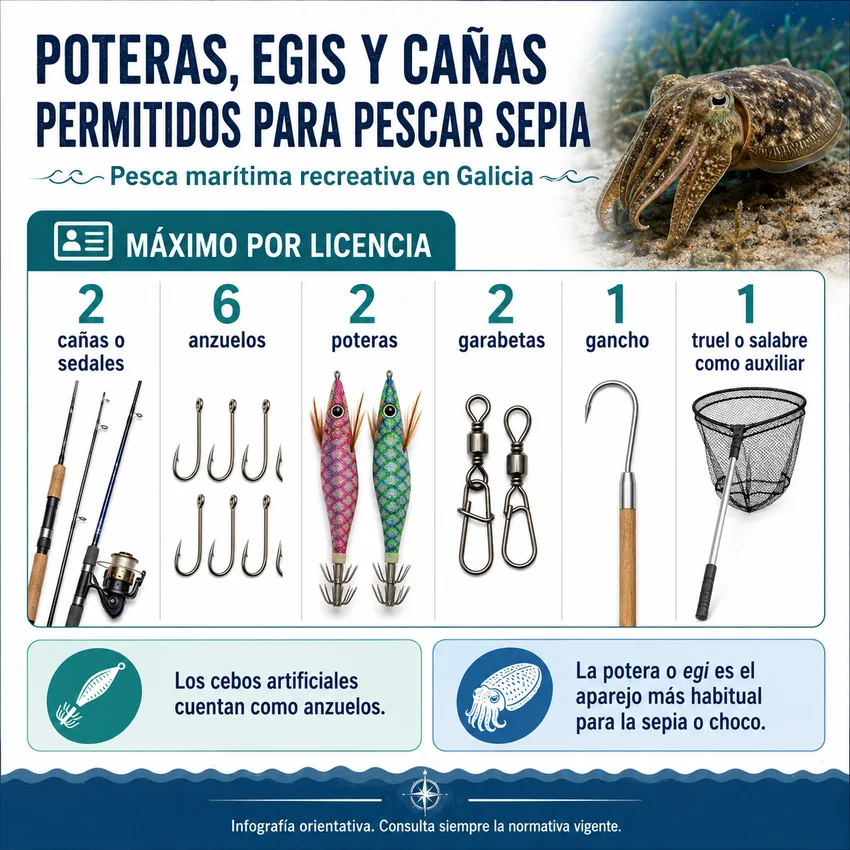 Pesca recreativa de sepia o choco en la costa de Galicia