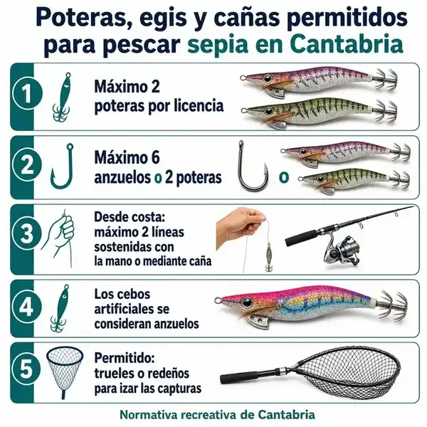 Poteras, egis y cañas permitidos para pescar sepia en Cantabria