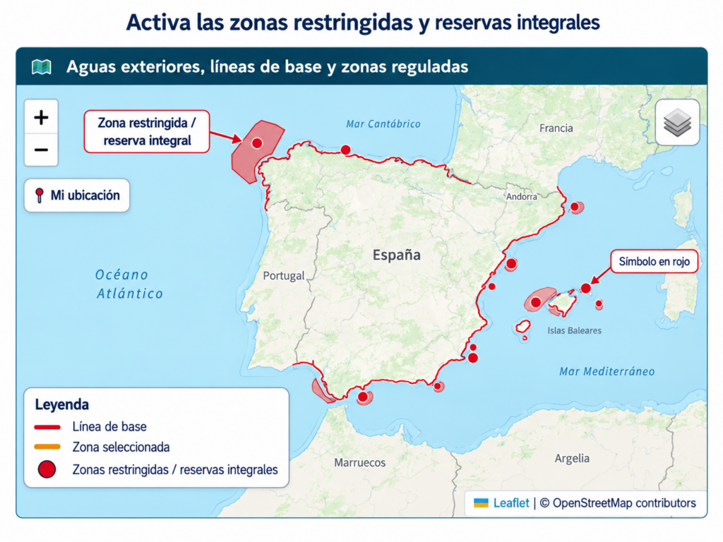 zonas restringidas y reservas integrales marcadas en el mapa para pesca recreativa marítima